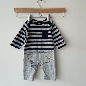 Truly Scrumptious | Grey Navy Striped Long Sleeve Playsuit Romper | 3 months